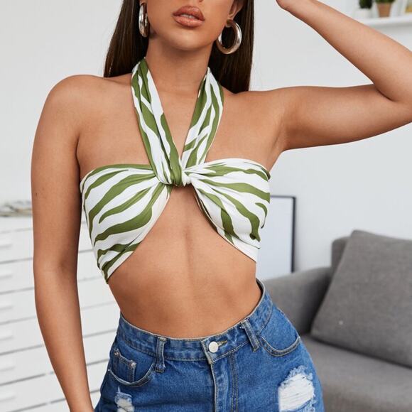 Shein Lime Green + White Wrap Front Swirly Zebra Y2k Wrap Top Crop Top - Picture 3 of 6